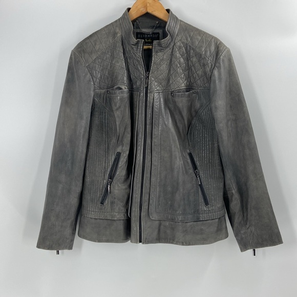 Bernardo leather grey metallic zip front jacket quilting look detail pockets - Picture 14 of 16